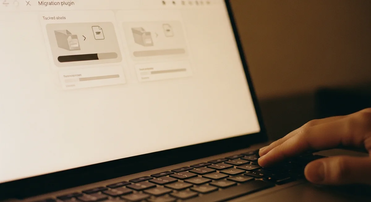 A close-up of a laptop screen displaying an abstract user interface of a plugin, suggesting data packaging and transfer, with a hand out of focus.