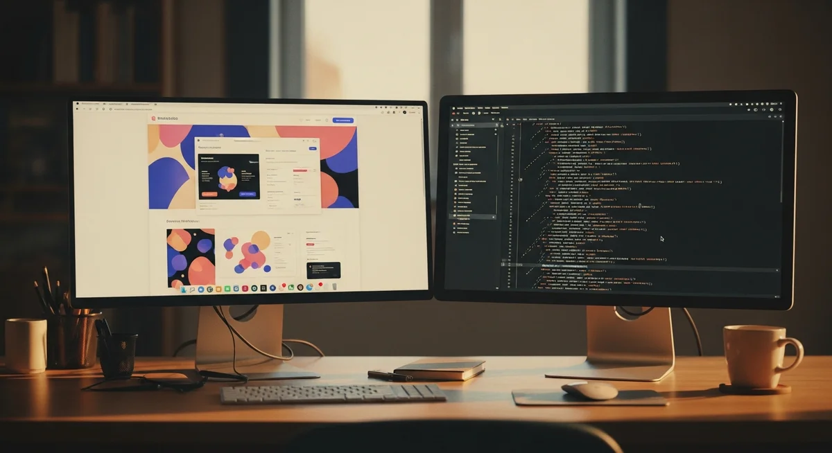 A tidy desk with dual monitors, one showing a website in a browser and the other an abstract code editor, depicting a post-migration verification.