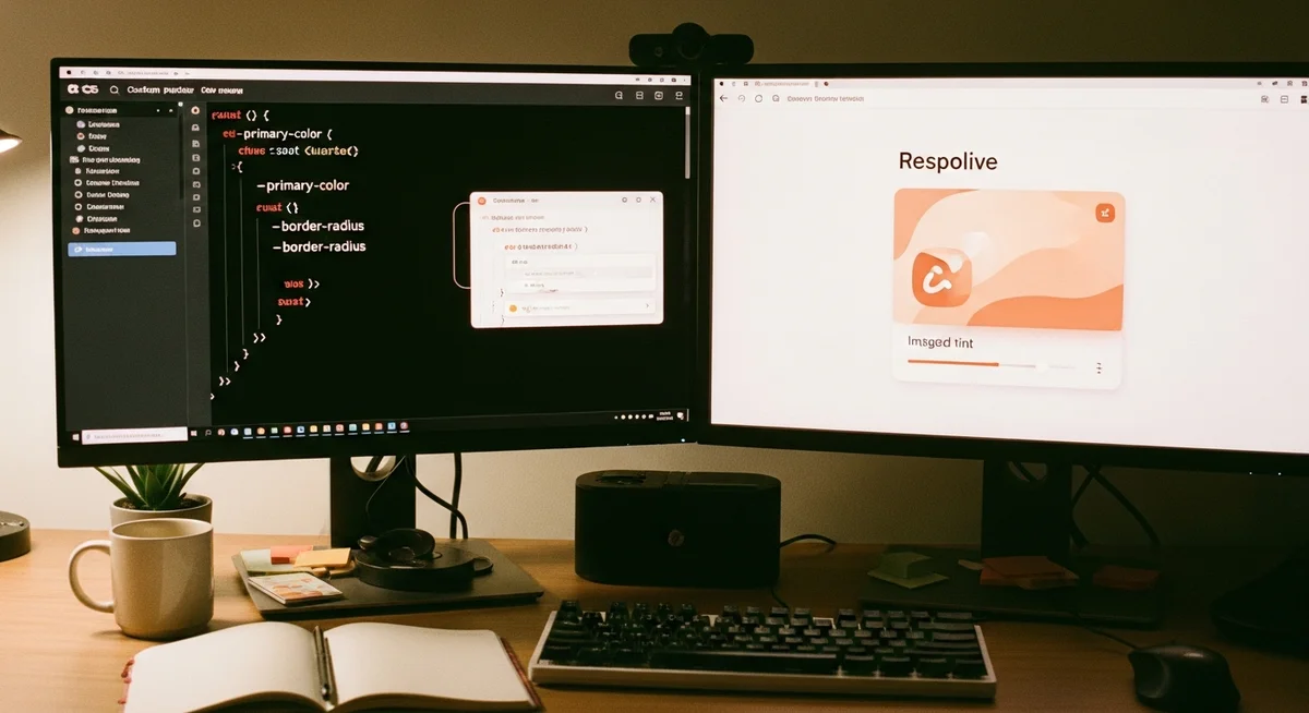 Dual monitors on a tidy desk, showing abstract CSS code with custom properties on one screen and a responsive UI element on the other.