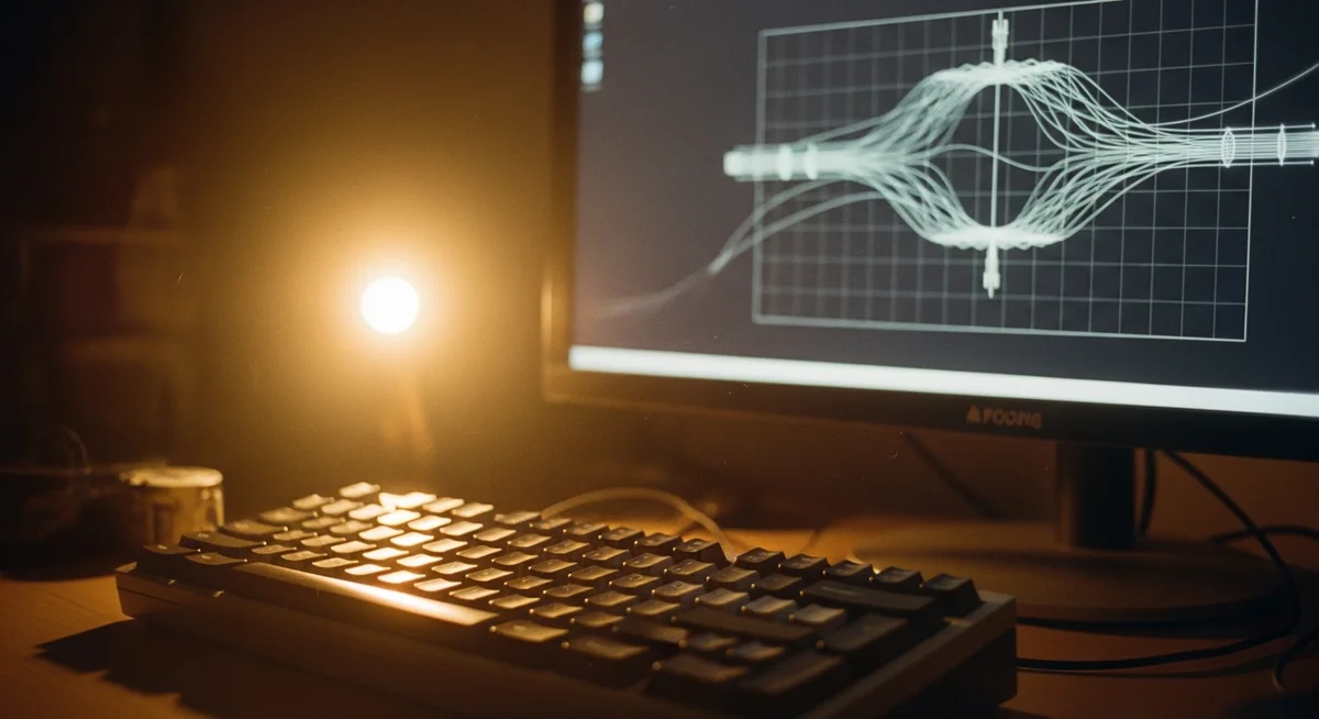 A close-up of a vintage mechanical keyboard with a subtle, abstract wireframe on a monitor in the background showing directional flow.