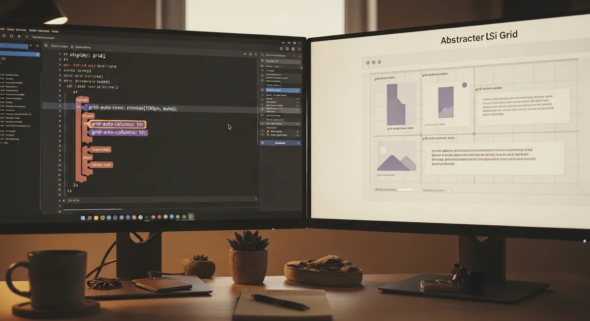 A dual monitor setup showing CSS code for grid sizing on one screen and an abstract UI demonstrating flexible grid track sizing on the other.