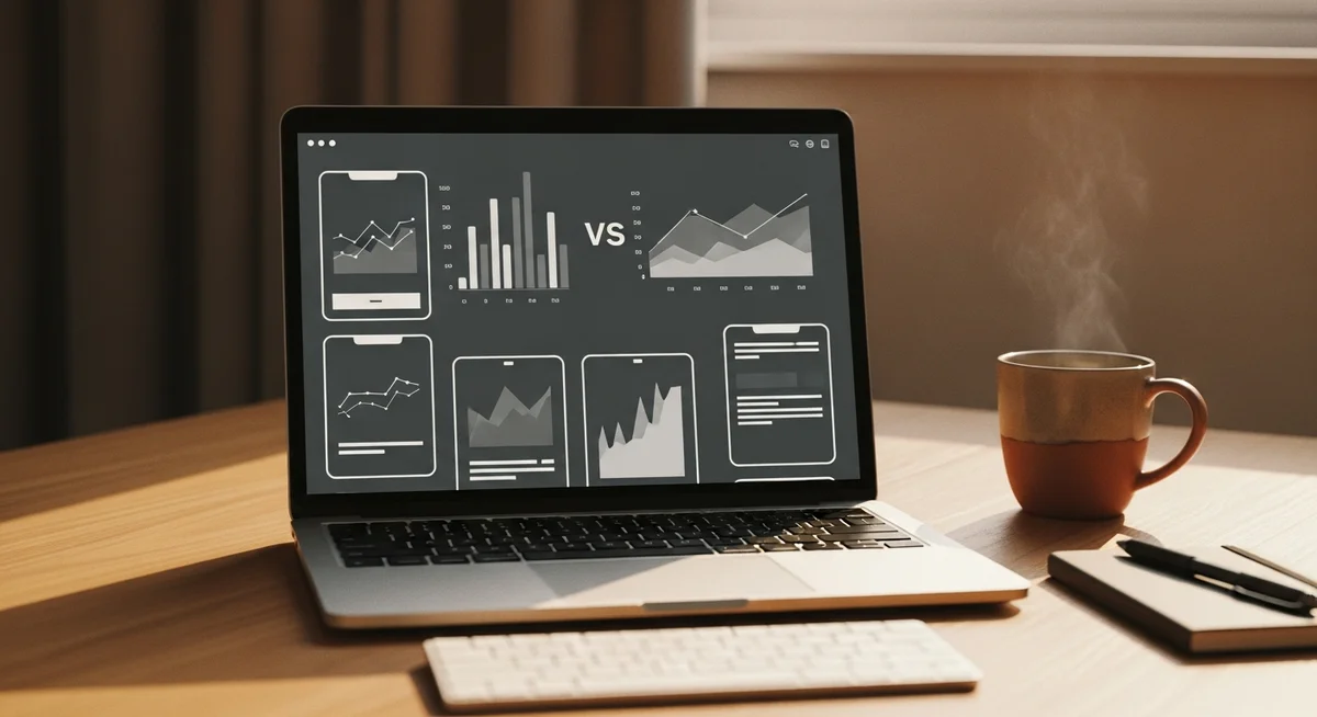 A warm analog film photo of a tidy desk setup with a laptop showing abstract comparison charts, illustrating the process of choosing the best hosting.