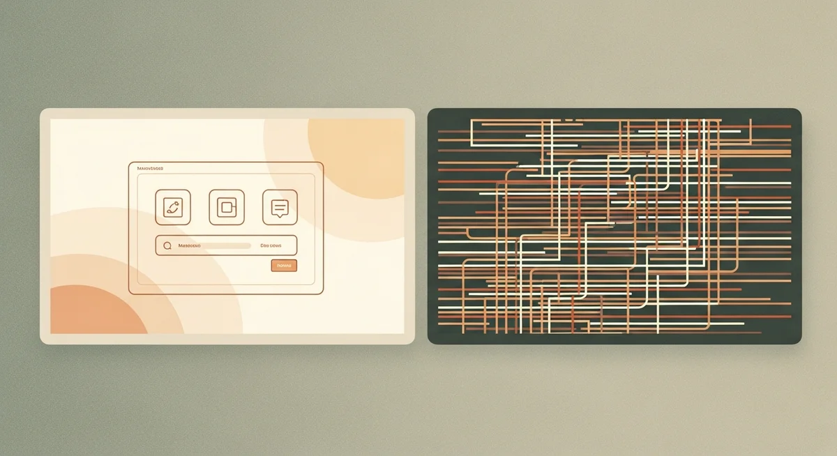 A warm analog film photo of a dual monitor setup showing two abstract user interfaces, representing the difference between managed and self-hosted WordPress.