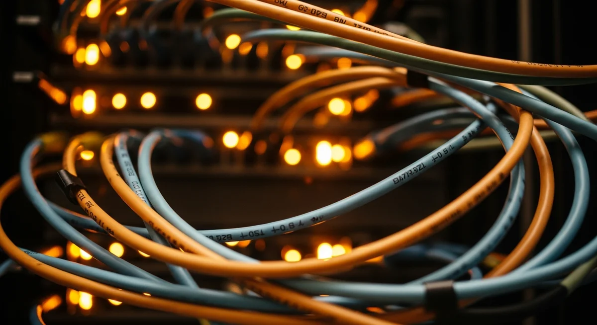 A close-up, warm-toned analog film photo of server rack lights and cables, softly blurred, illustrating different types of hosting infrastructure.