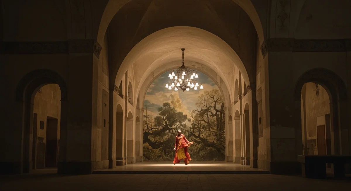 A person in a red and yellow outfit dances in the center of a spacious, arched stone hall