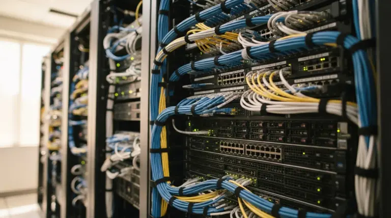 Close-up of a neatly organized section of modern server racks with integrated network hardware