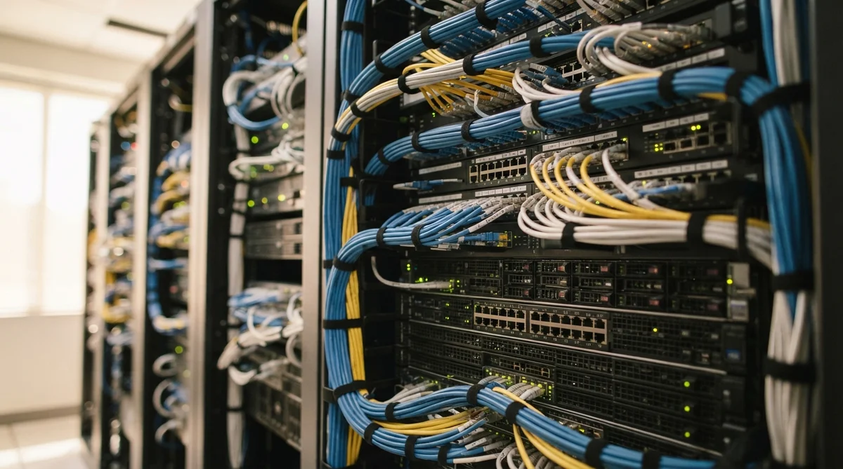 Close-up of a neatly organized section of modern server racks with integrated network hardware