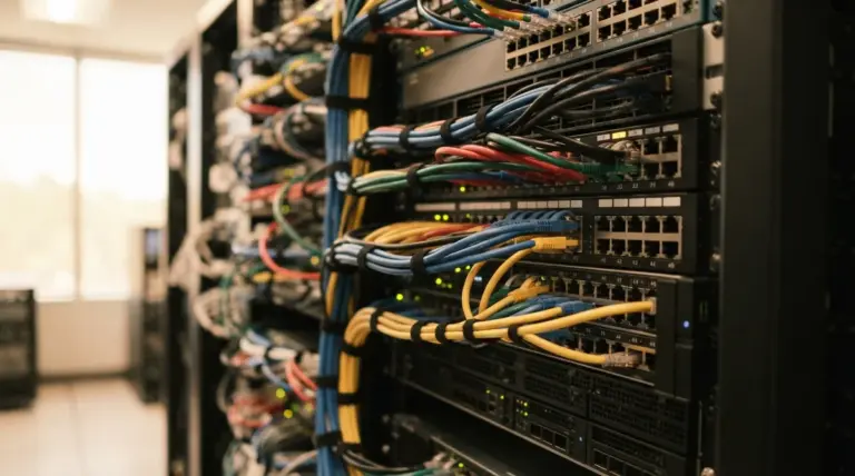 Network switches and patch panels connected by numerous colorful ethernet cables inside a server rack
