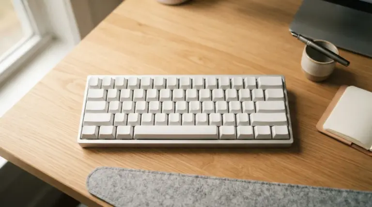 A white mechanical keyboard sits on a wooden desk next to a notebook, pen, and felt desk mat