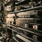 Showing a close-up detail of server hard drives stacked, their metallic surfaces reflecting warm daylight