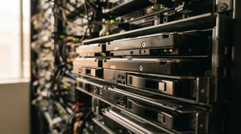 Showing a close-up detail of server hard drives stacked, their metallic surfaces reflecting warm daylight