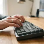 A close-up, eye-level photograph of a developer's hands poised over a clean, tactile keyboard
