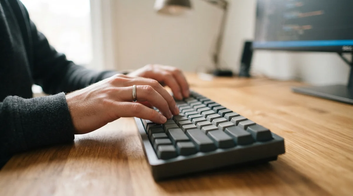 A close-up, eye-level photograph of a developer's hands poised over a clean, tactile keyboard