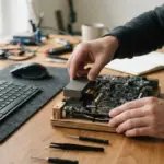 A developer's hands precisely position a distinct, smooth module onto an organized, warm wooden desk