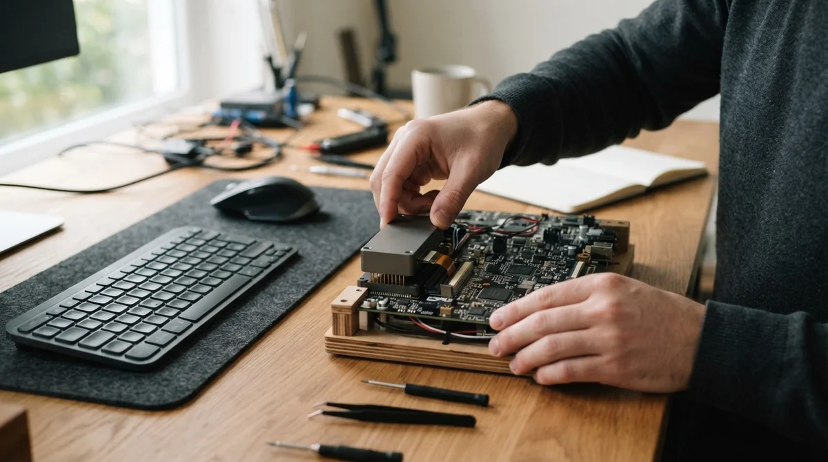 A developer's hands precisely position a distinct, smooth module onto an organized, warm wooden desk