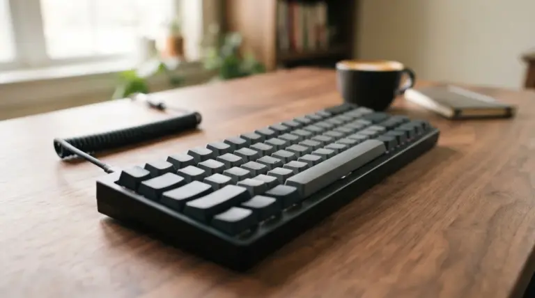 A black mechanical keyboard with a coiled cable sits on a wooden desk next to a coffee mug