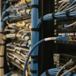 Close-up of a server rack's immaculately organized rear network cabling