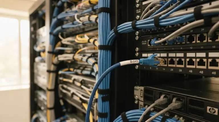 Close-up of a server rack's immaculately organized rear network cabling