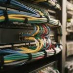 A close-up detail of perfectly organized, colorful network cables neatly bundled and securely plugged into a bank of server