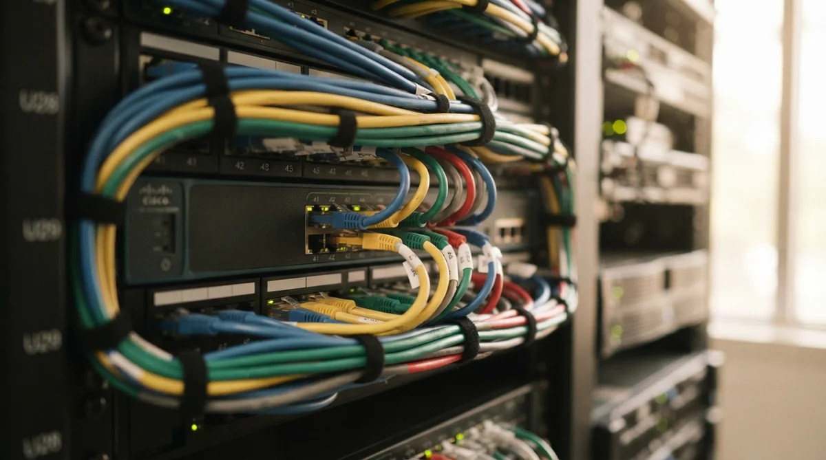 A close-up detail of perfectly organized, colorful network cables neatly bundled and securely plugged into a bank of server