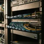 A detailed close-up of secure server rack hardware, with organized network cables extending from robust ports