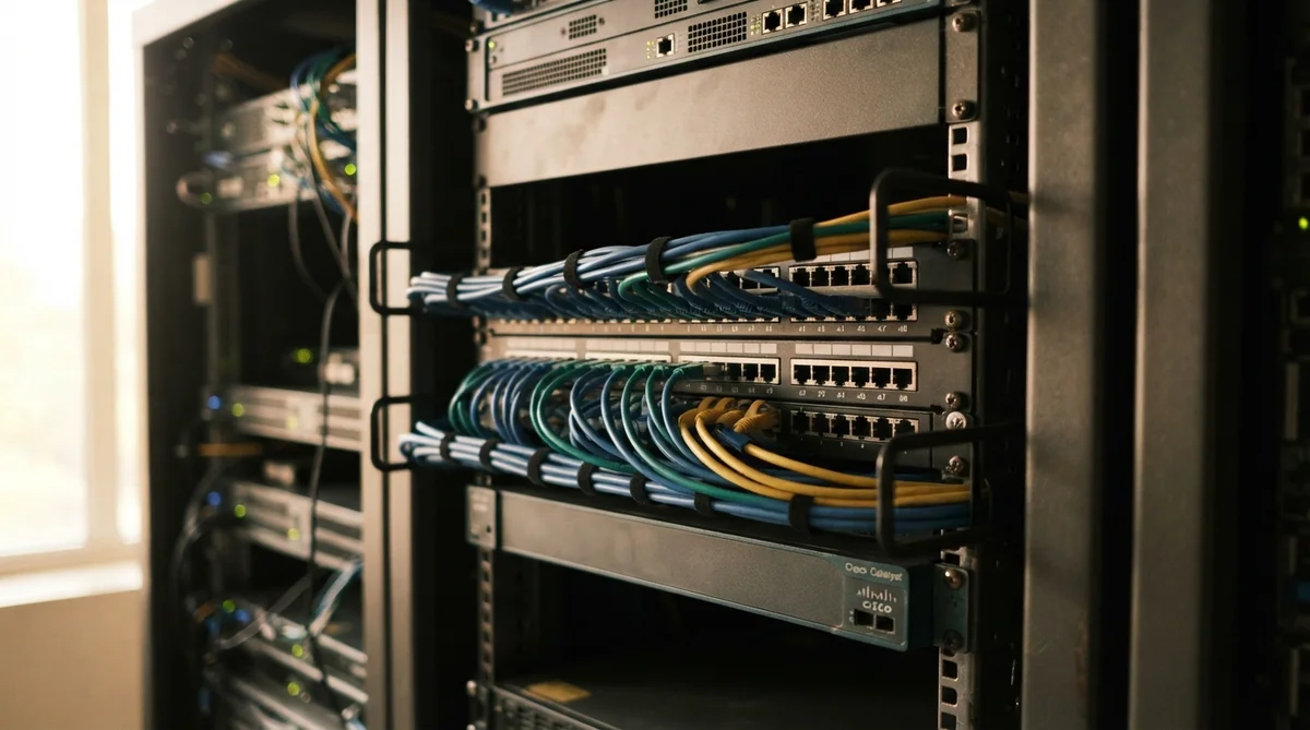 A detailed close-up of secure server rack hardware, with organized network cables extending from robust ports
