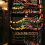 Meticulously organized server rack, highlighting colorful network cables creating structured pathways between components