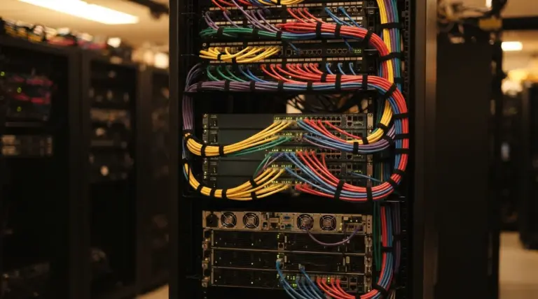 Meticulously organized server rack, highlighting colorful network cables creating structured pathways between components