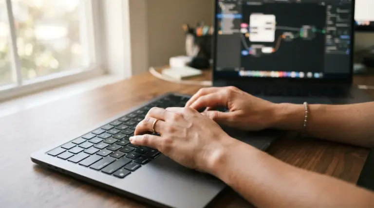 A close-up of a person's hands typing on a modern laptop keyboard, bathed in warm daylight from a window