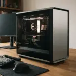 A modern, clean desktop PC tower rests on a warm, tidy wooden developer desk