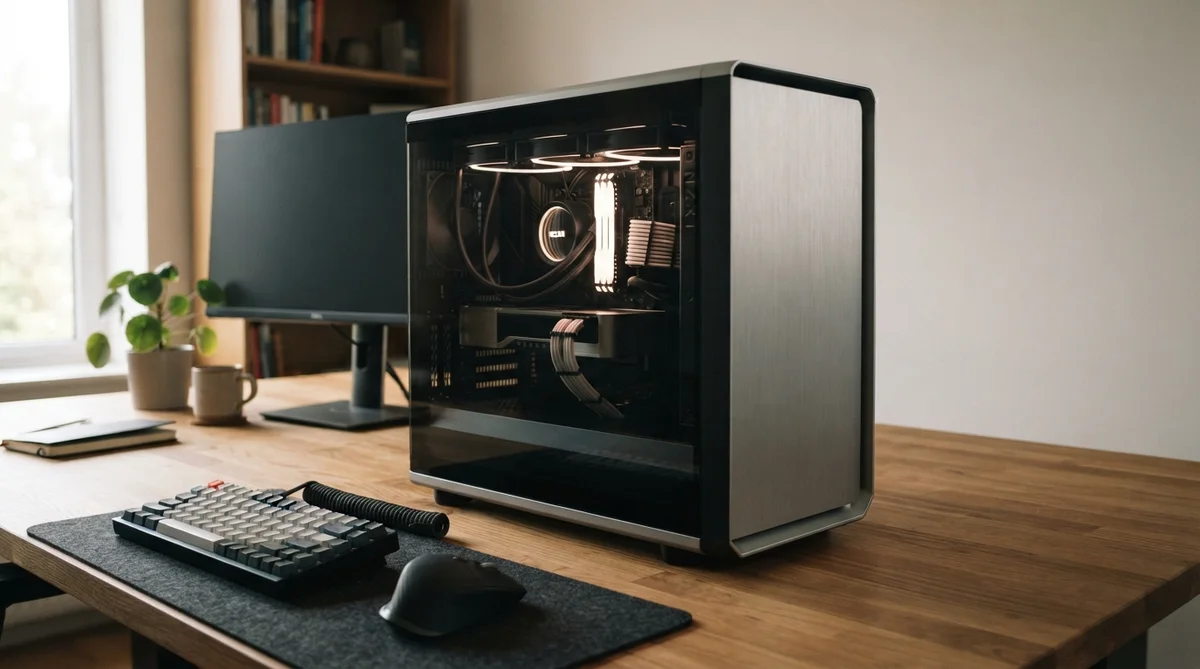 A modern, clean desktop PC tower rests on a warm, tidy wooden developer desk