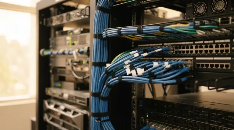 A close-up detail of meticulously organized network cables neatly bundled and connected within a clean server rack