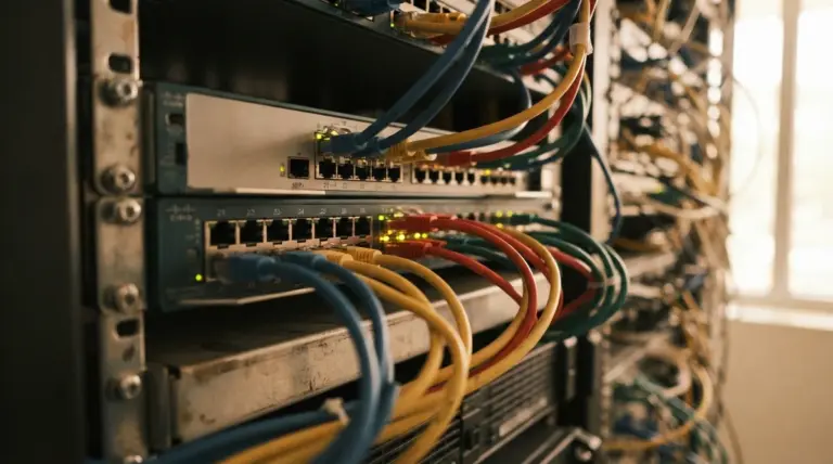 A detailed close-up of server rack network ports and intricate cabling bathed in warm, soft daylight