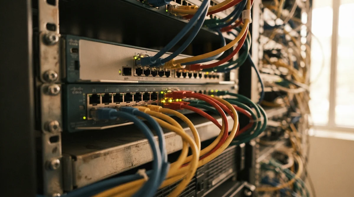 A detailed close-up of server rack network ports and intricate cabling bathed in warm, soft daylight